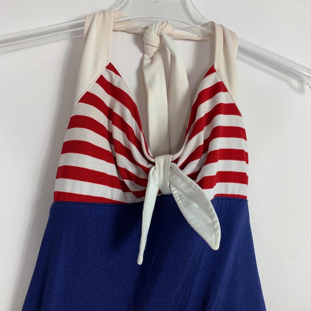 Pinup Couture Swimsuit Red Blue Stripe Halter One - Picture 2 of 5